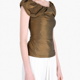 Brown top worn by a person, showing the top fit