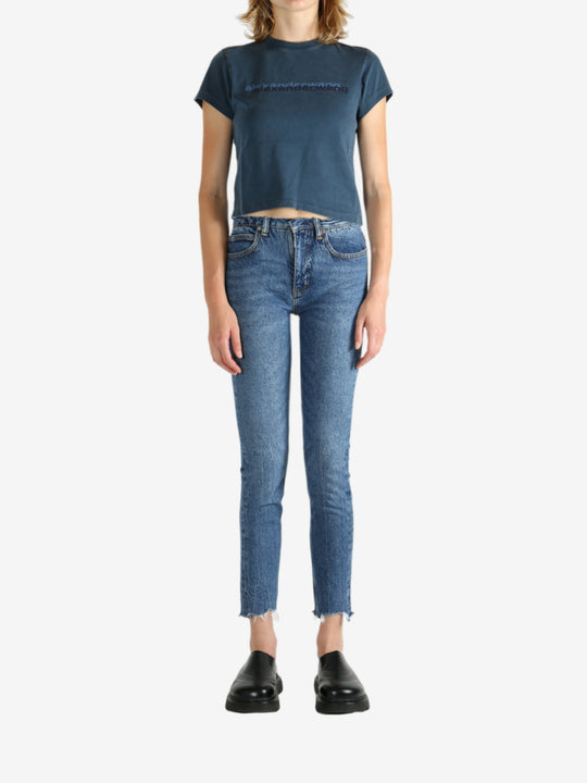 Blue t-shirt, full body view