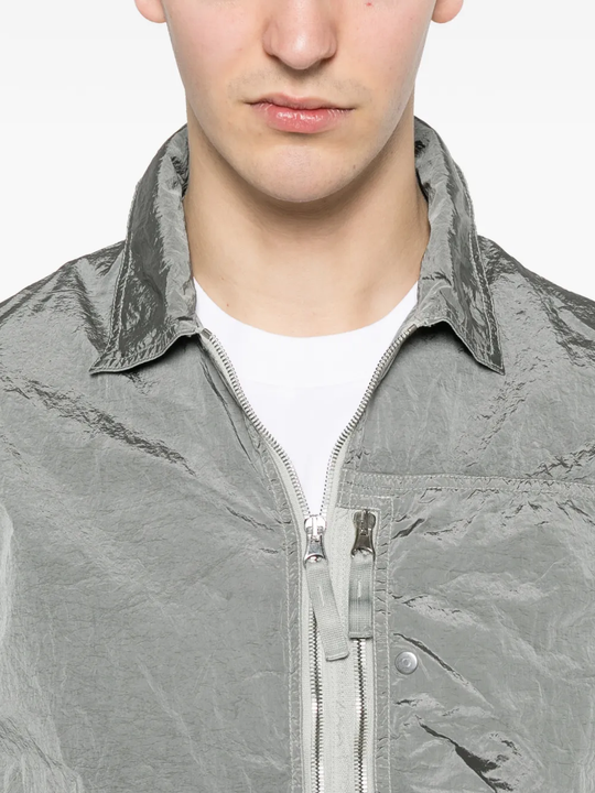 Close up of Grey coat, showing texture of the Polyamide fabric