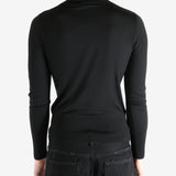 Black sweater worn by a person, showing the sweater's fit