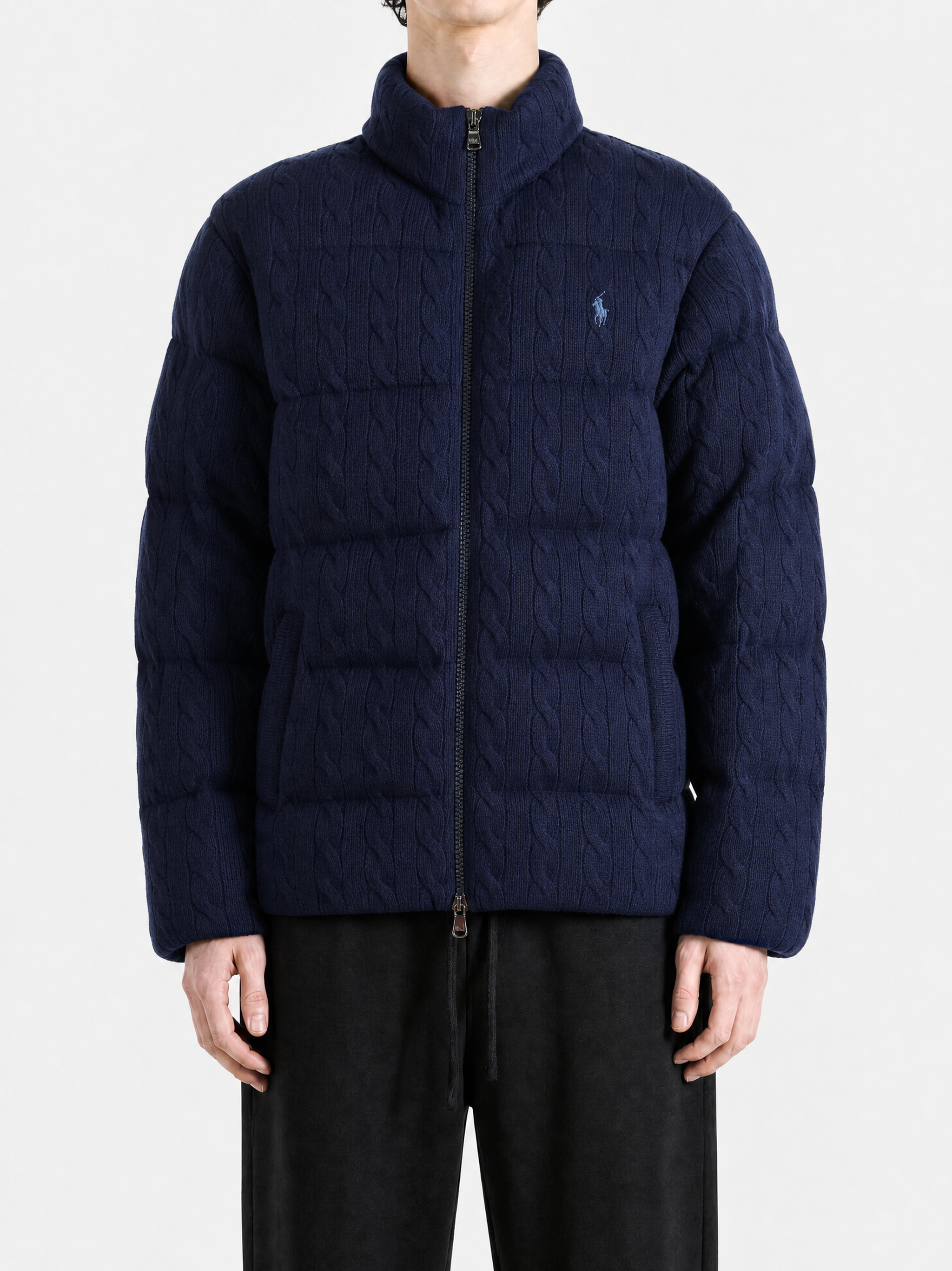 Navy knitwear, full body view