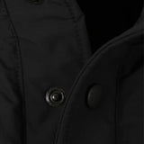 Close up of the black jacket, showing texture of the polyester fabric