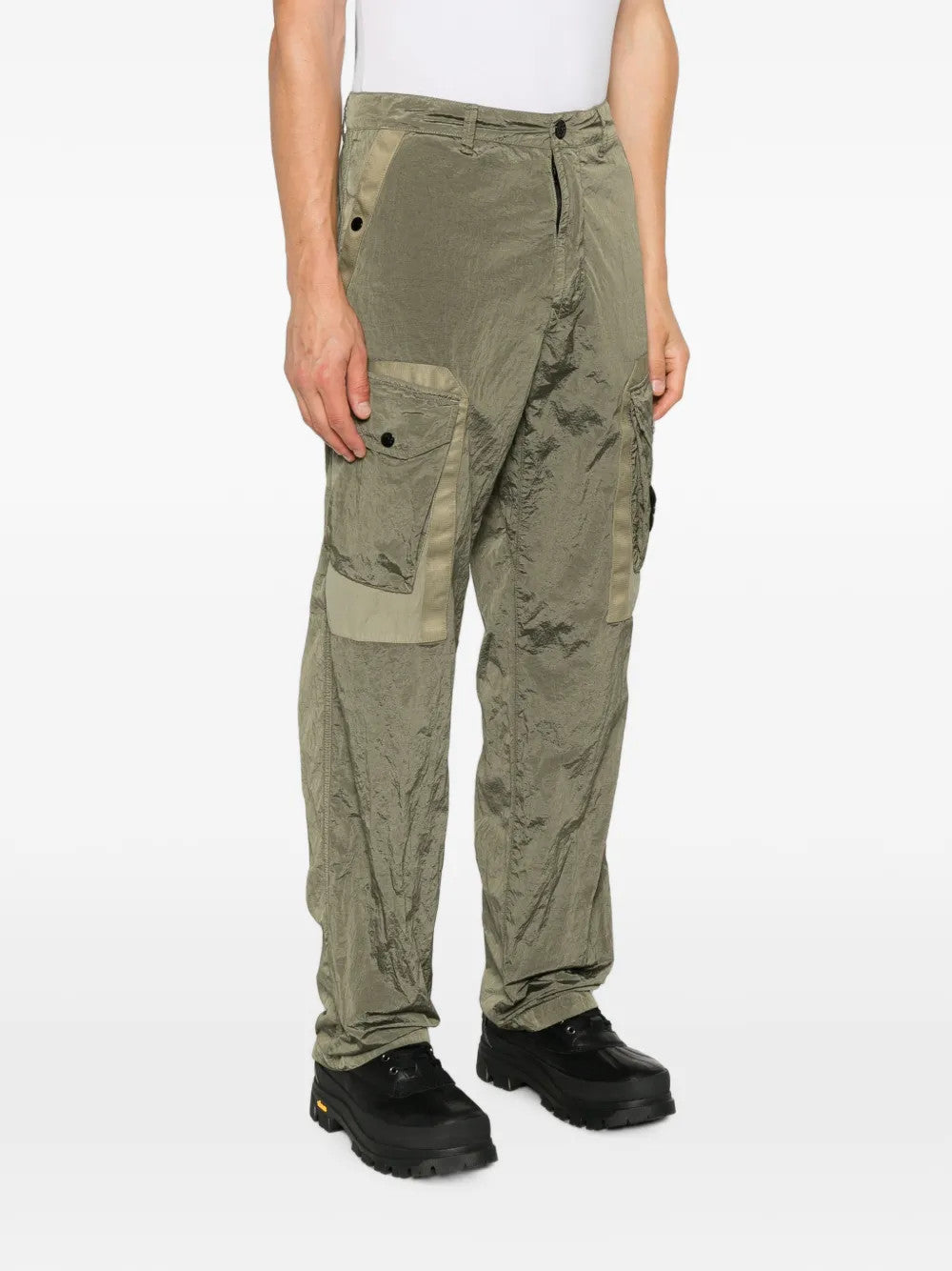 Green pants, full body view