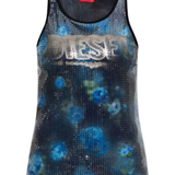 blue top, front view