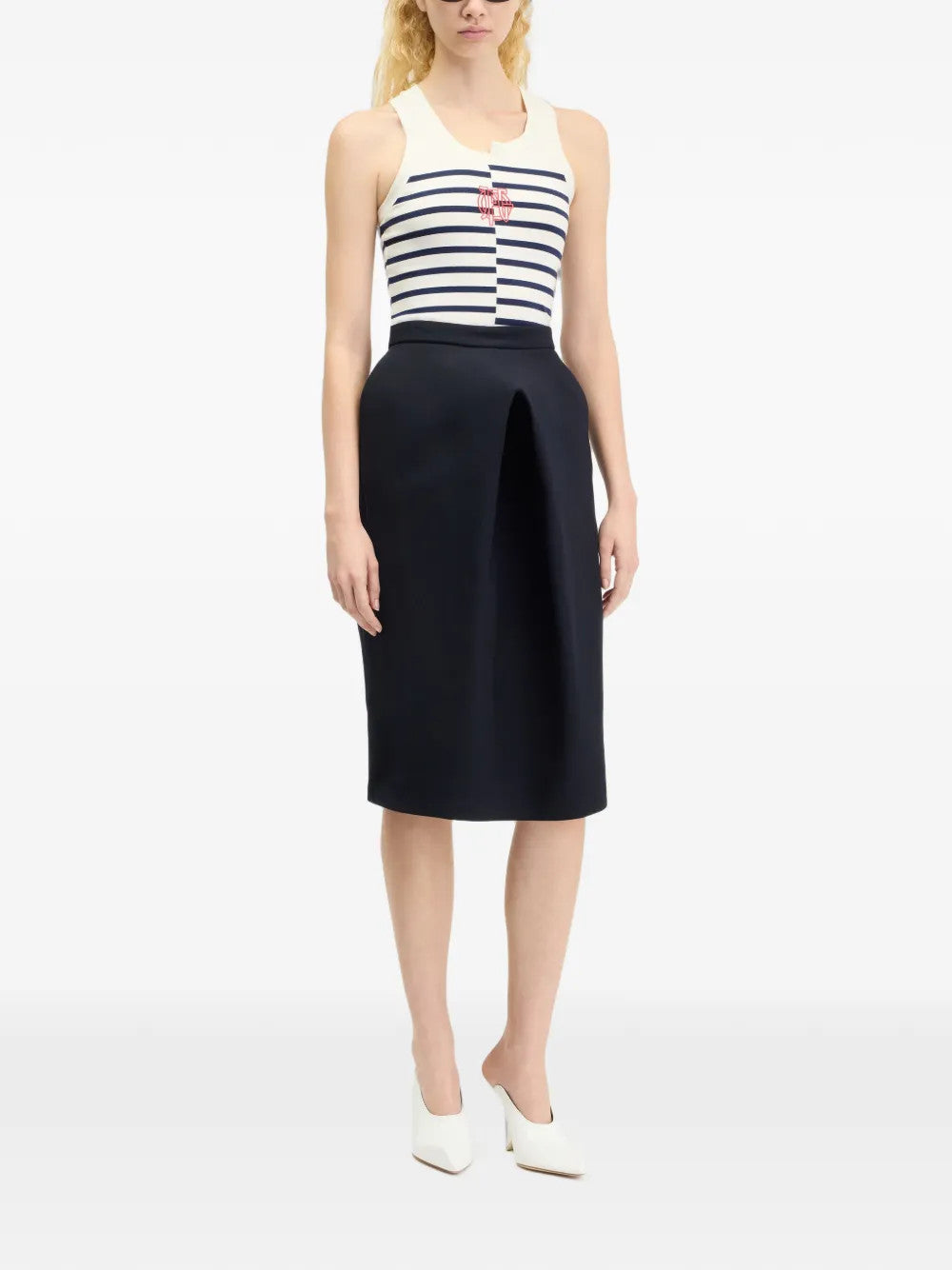 Navy top, full body view