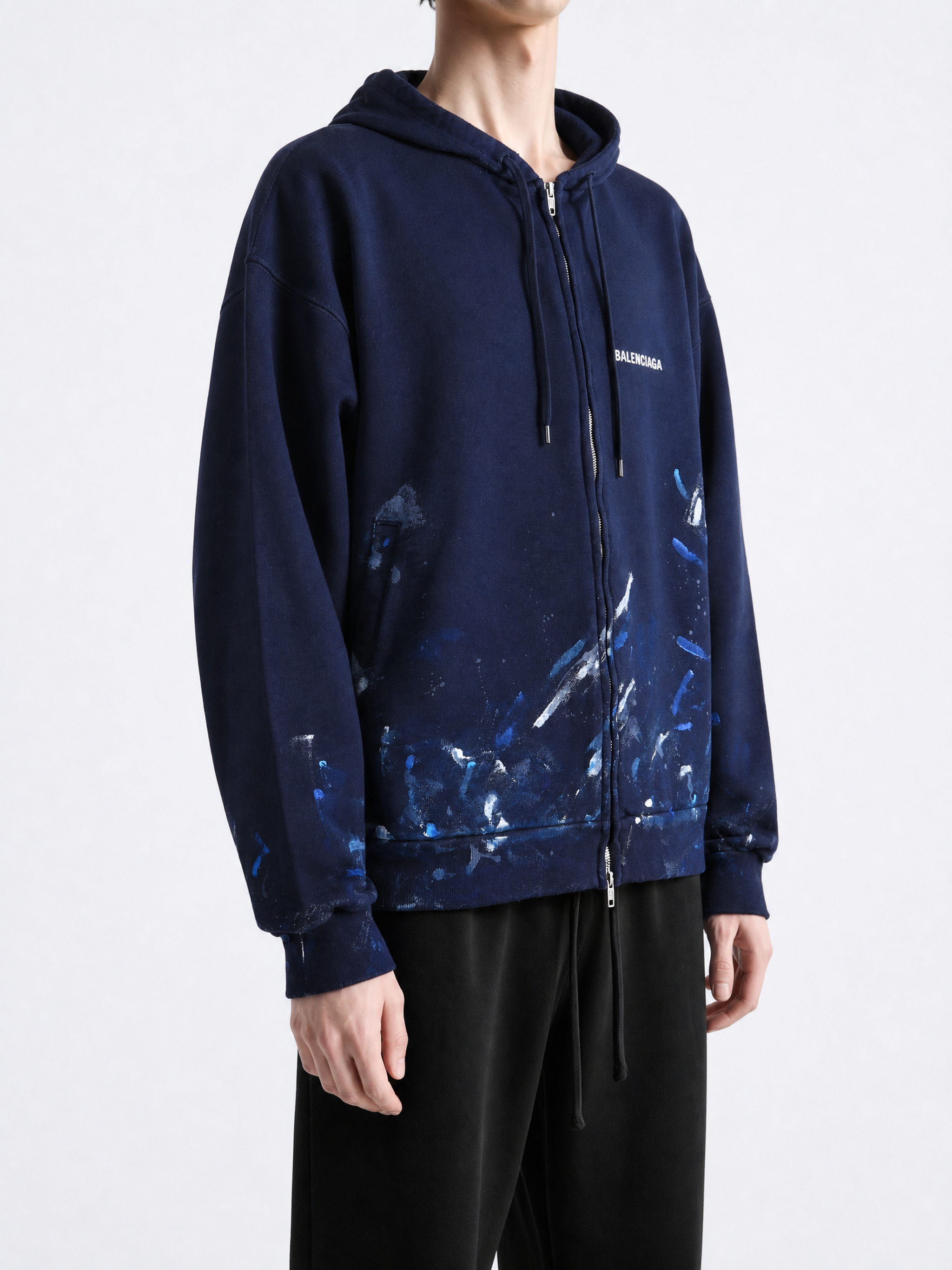Navy jacket, full body view