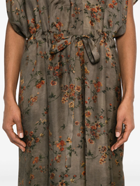 Close up of grey floral dress, showing texture of the cupro fabric