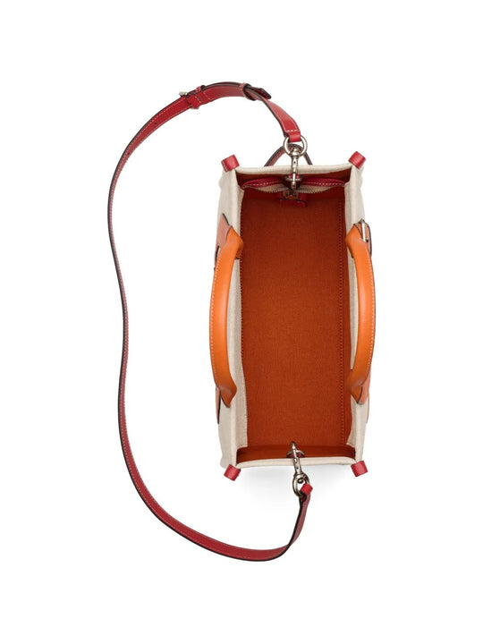 Close up of the tan bag, showing texture of the cotton fabric