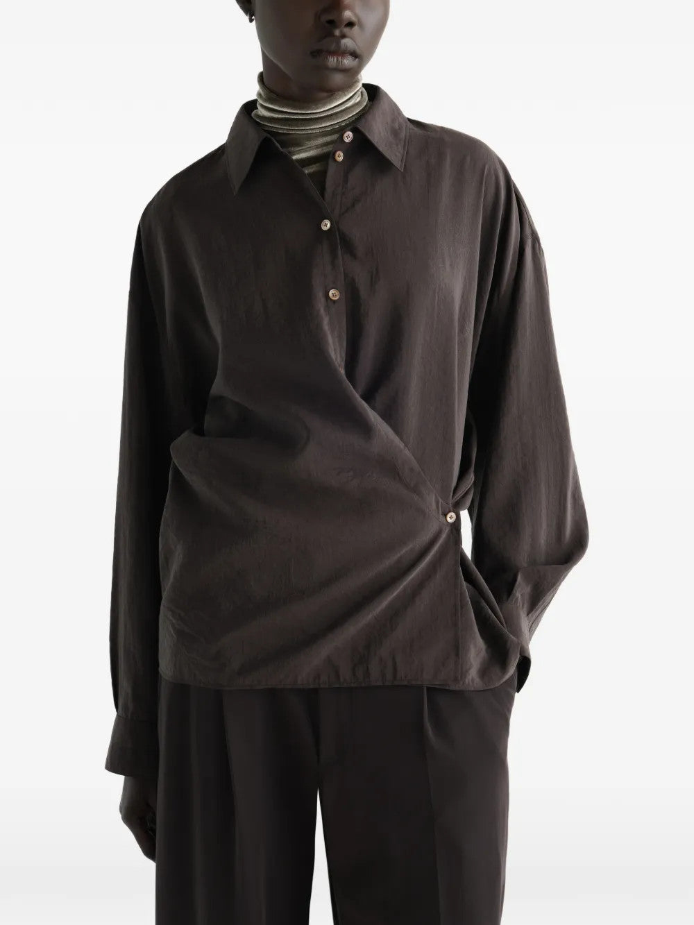 Brown shirt, full body view