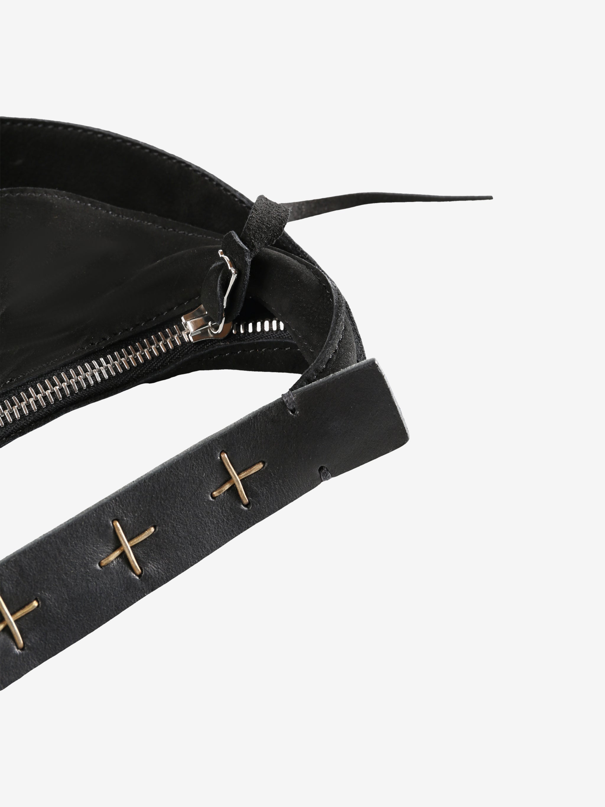 Close up of the black bag, showing texture of the leather fabric