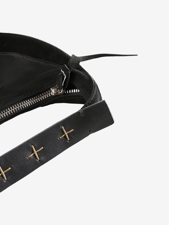 Close up of the black bag, showing texture of the leather fabric