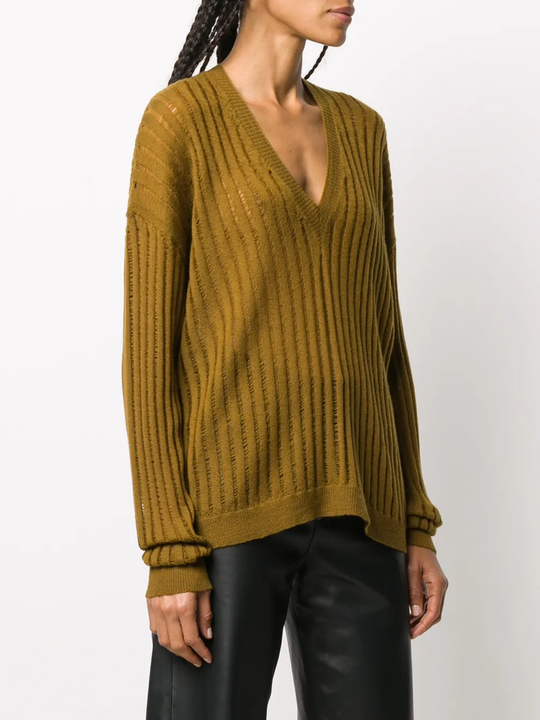 Brown knitwear worn by a person, showing the knitwear fit