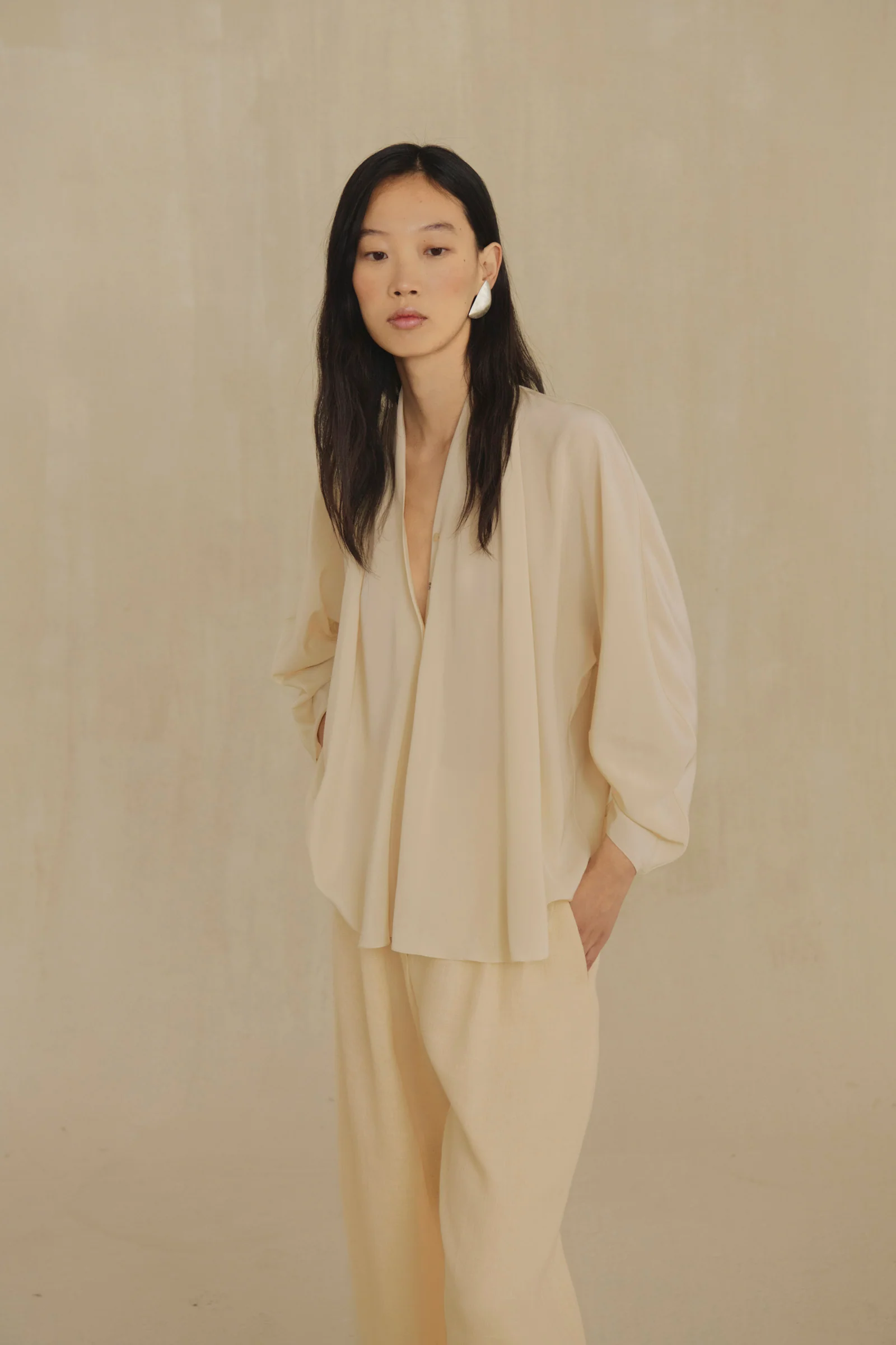 Tan shirt, full body view