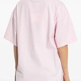 Pink t-shirt worn by a person, showing the shirt's fit
