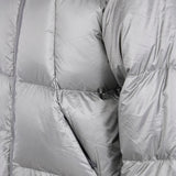 Close up of the grey parka, showing texture of the nylon fabric