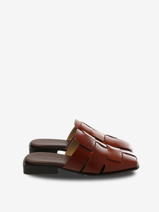 Tan mules, front view