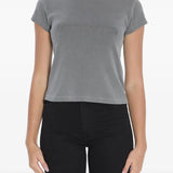 Grey t-shirt worn by a person, showing the shirt's fit