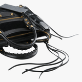 Close up of black bag,showing texture of the calfskin fabric