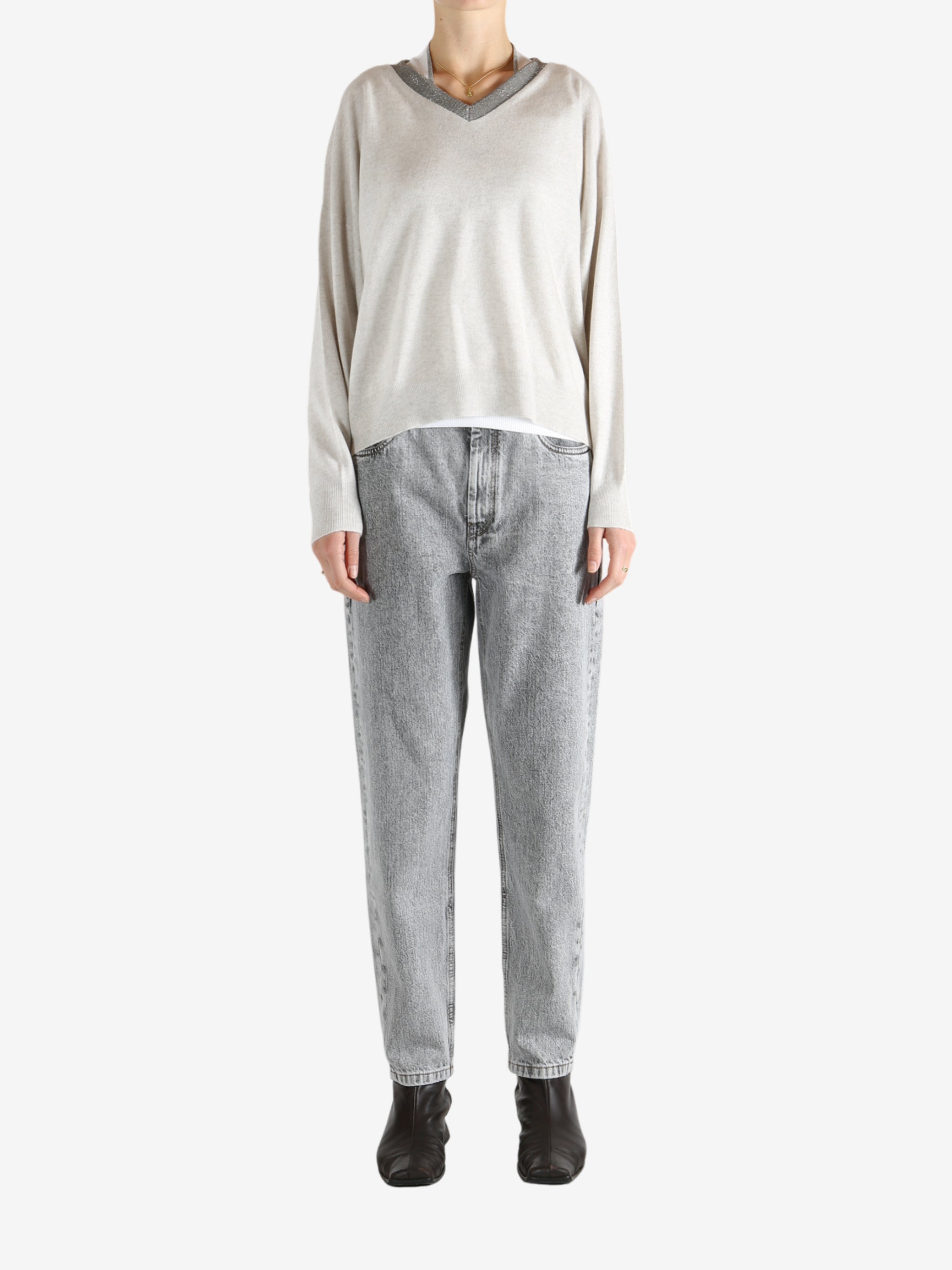 White knitwear, full body view