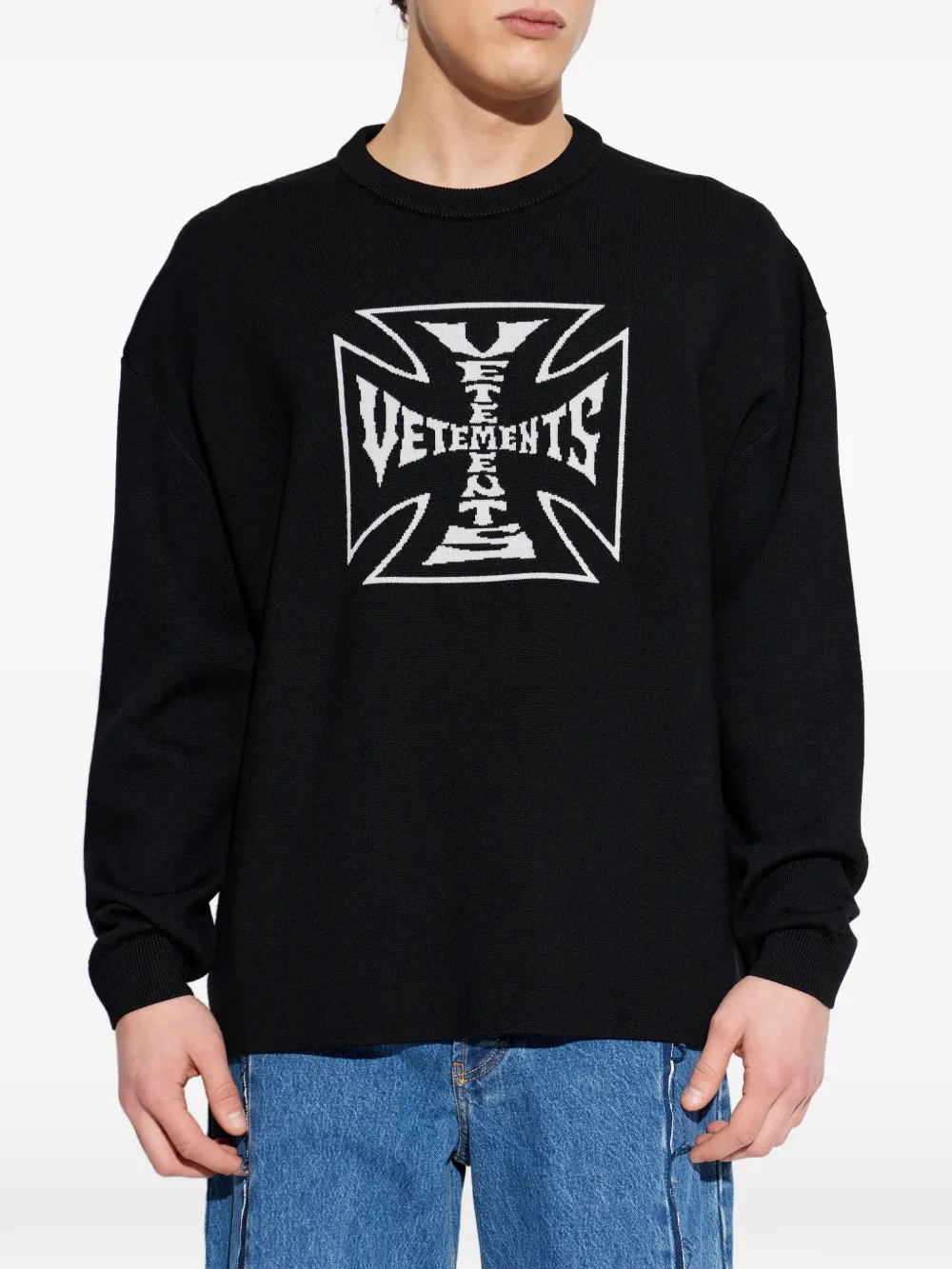 VETEMENTS - Men Double Biker Cross Logo Sweater – Atelier New York VETEMENTS - Men Double Biker Cross Logo Sweater – Atelier New York