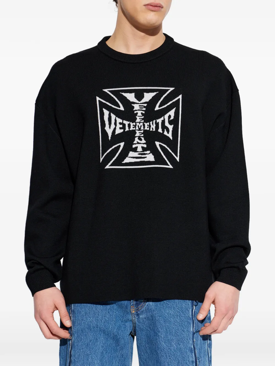 VETEMENTS - Men Double Biker Cross Logo Sweater – Atelier New York VETEMENTS - Men Double Biker Cross Logo Sweater – Atelier New York