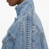 Close up of the blue jacket, showing texture of the cotton fabric