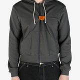 Grey hoodie  worn by a person, showing the hoodie's fit