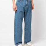 Blue jeans worn by a person, showing the jeans' fit