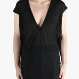 Black T-shirt worn by a person, showing the T-shirt's fit