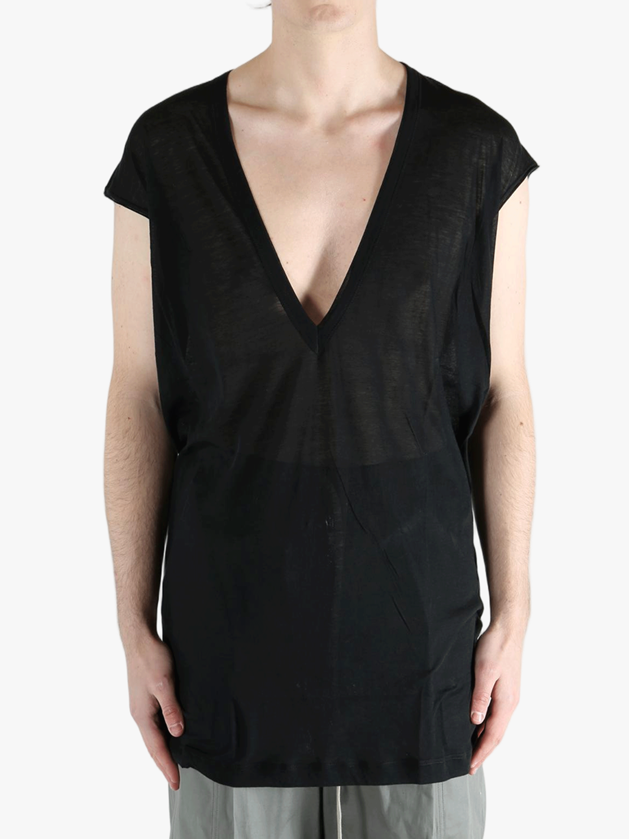 Black T-shirt worn by a person, showing the T-shirt's fit