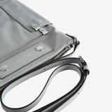Close up of grey bag,showing texture of the nylon fabric