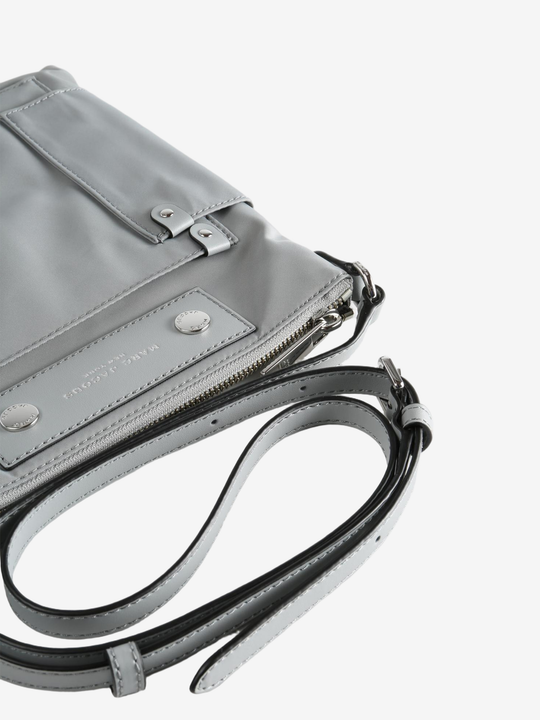 Close up of grey bag,showing texture of the nylon fabric