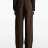 Brown pant worn by a person, showing the pant's fit