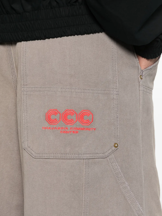 Close up of grey shorts , showing texture of the cotton fabric