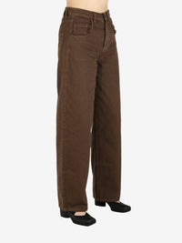 Brown pants worn by a person, showing the pants's fit
