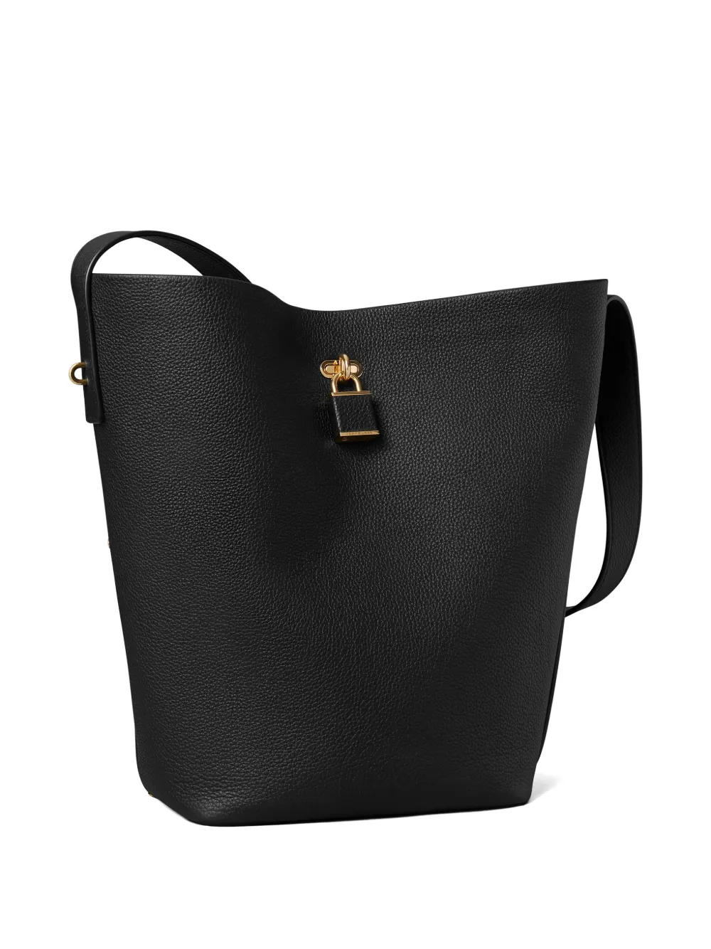 Black bucket bag, side view