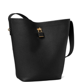Black bucket bag, side view