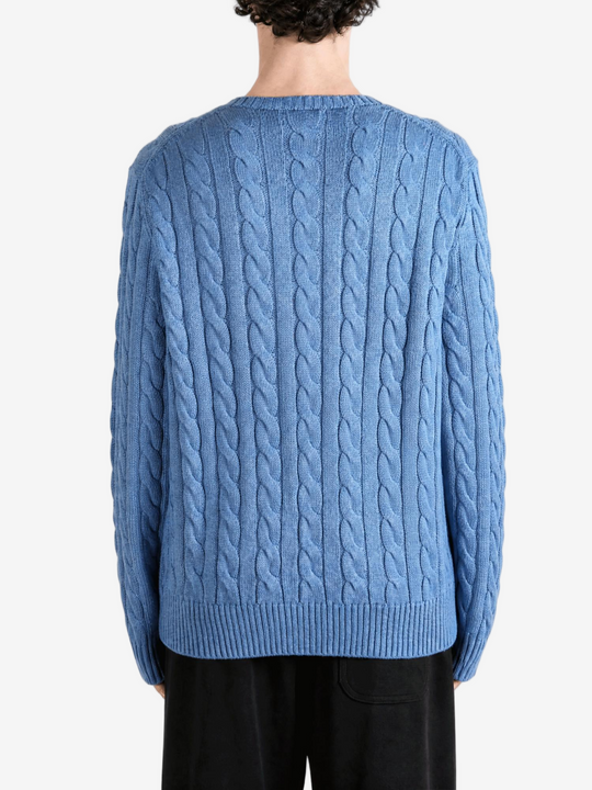 Blue knitwear, full body view