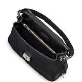 Close up of the black bag, showing texture of the leather fabric