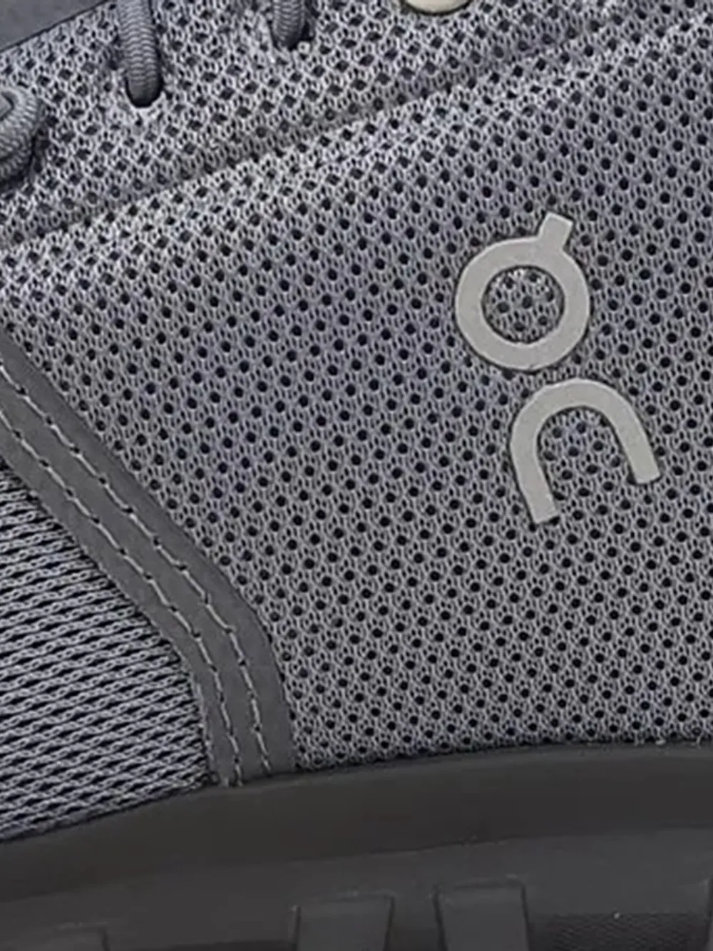 Close up of grey sneaker,showing texture of the polyester fabric