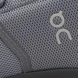 Close up of grey sneaker,showing texture of the polyester fabric