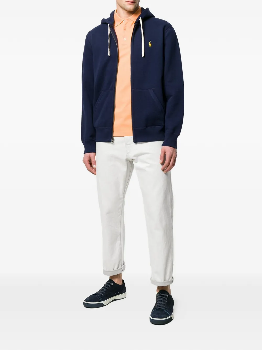 Blue hoodie, full body view