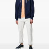 Blue hoodie, full body view