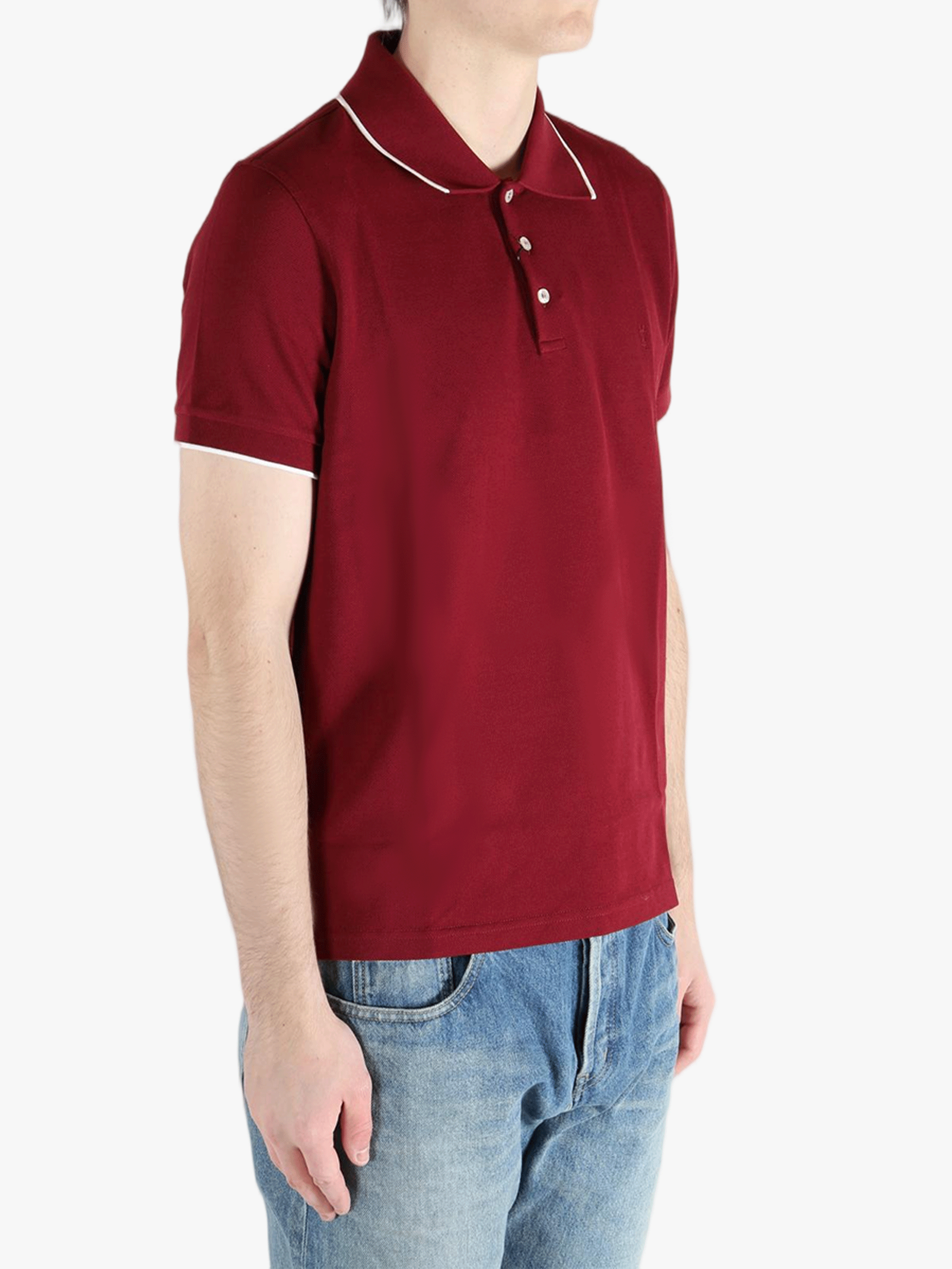 Red shirt worn by a person, showing the fit