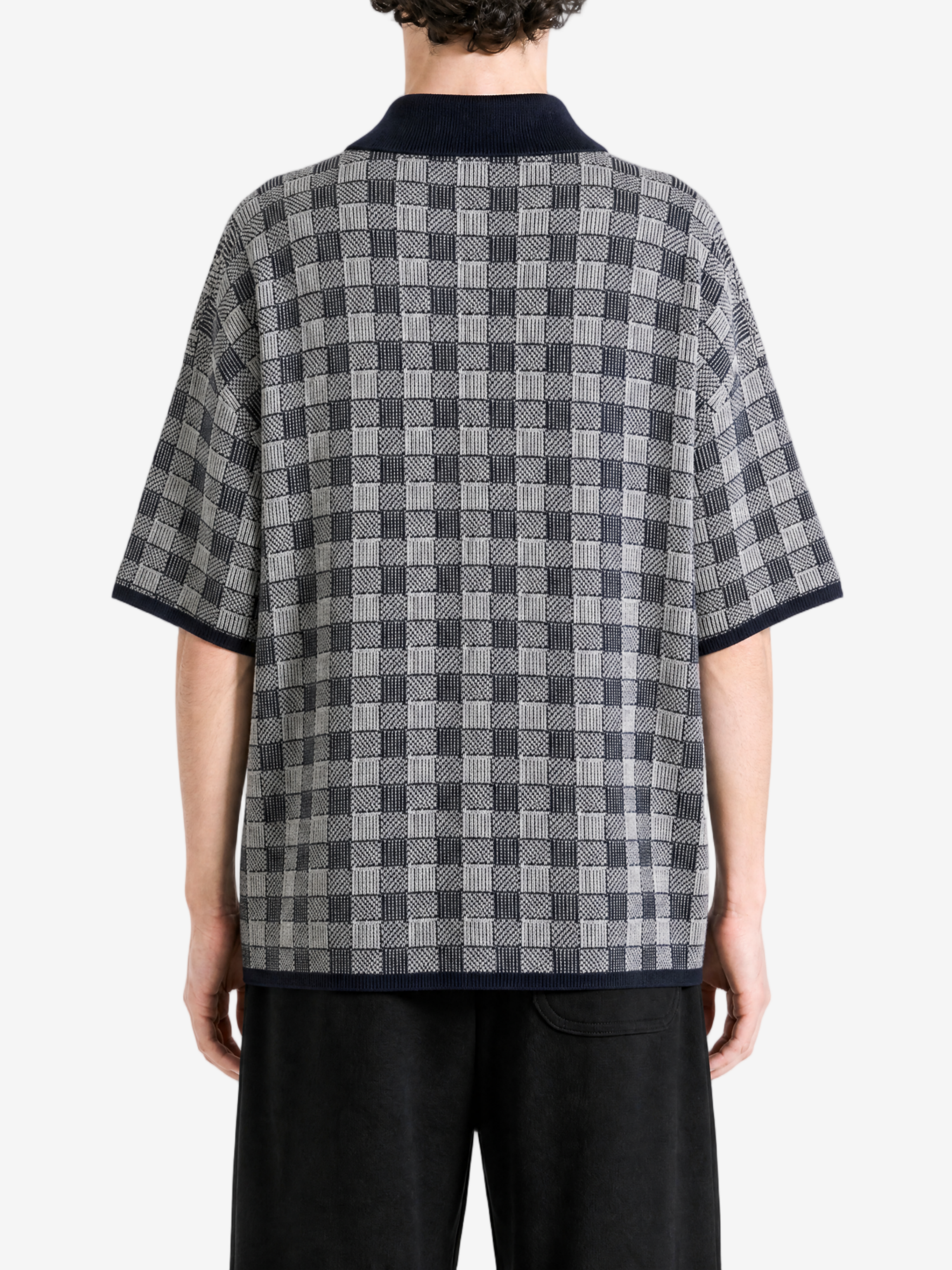 Navy shirt, full body view