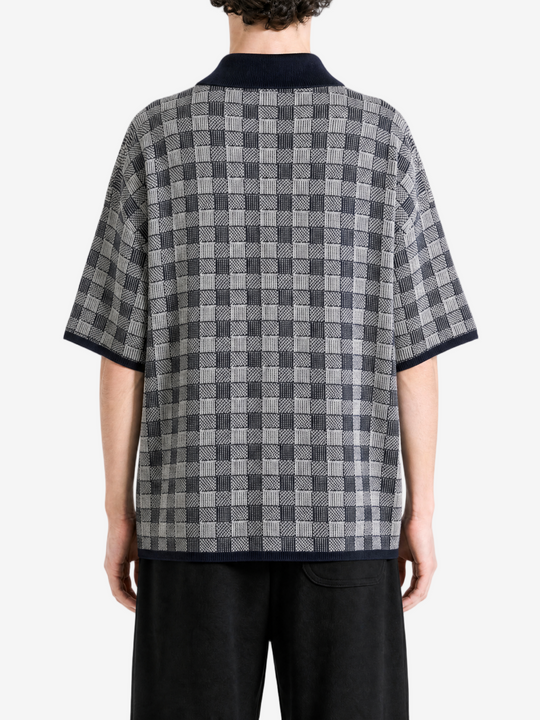 Navy shirt, full body view