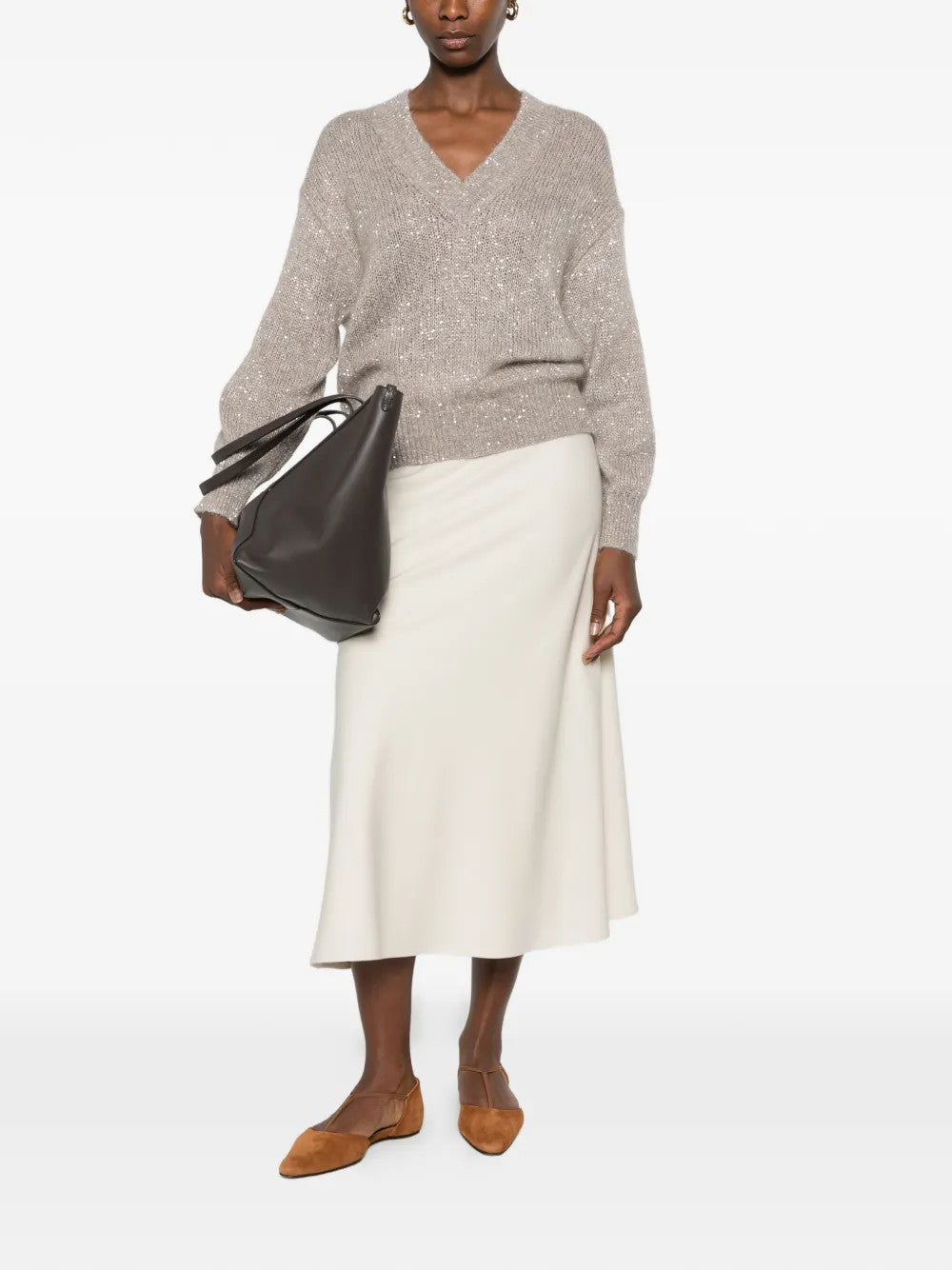 Tan hoodie, full body view