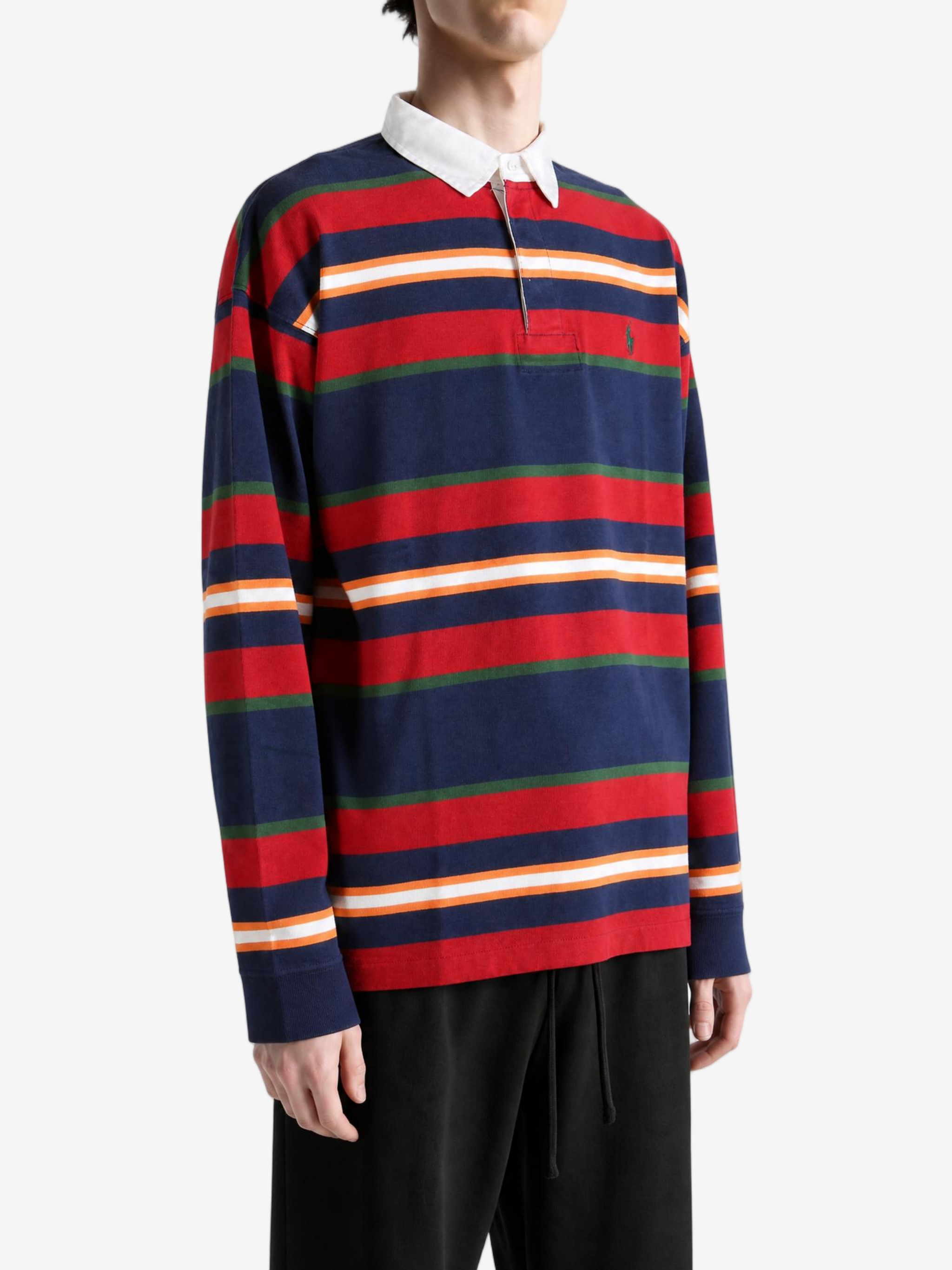 Navy top, full body view