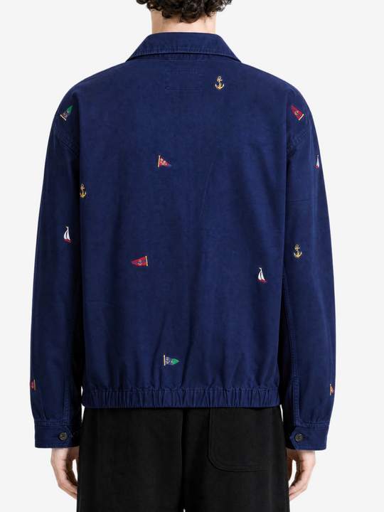 Navy jacket, full body view