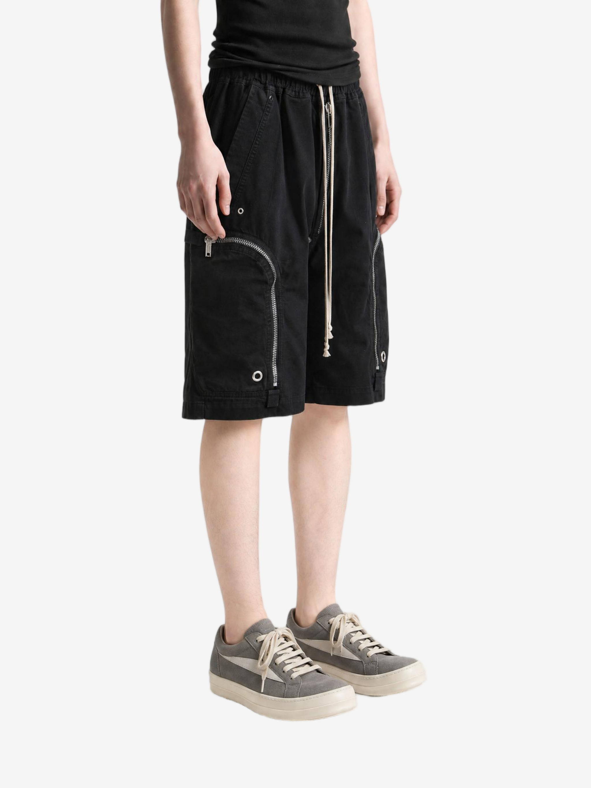 Black shorts, full body view